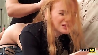 DEBT4k. Cunning impoverish fucks shaved pussy of red-haired cutie for the debt