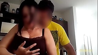 Maid with huge breast is getting groped