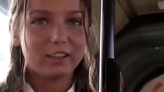 Dame stripped naked and brutally fucked in focus on bus